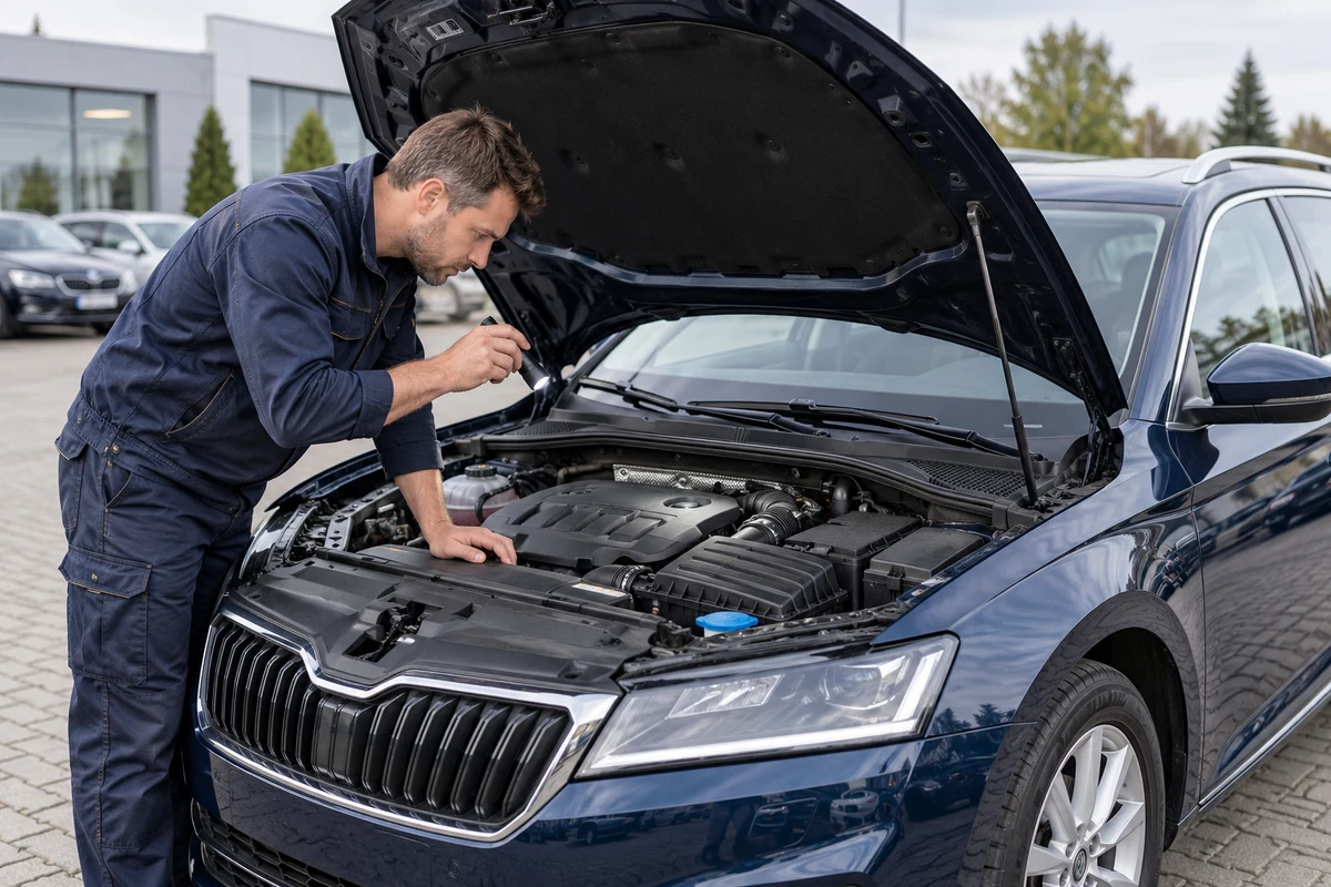 Technik při prohlídce motorového prostoru vozu